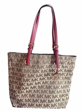 Michael Kors Beige MK Monogram Tote with Pink Handles
